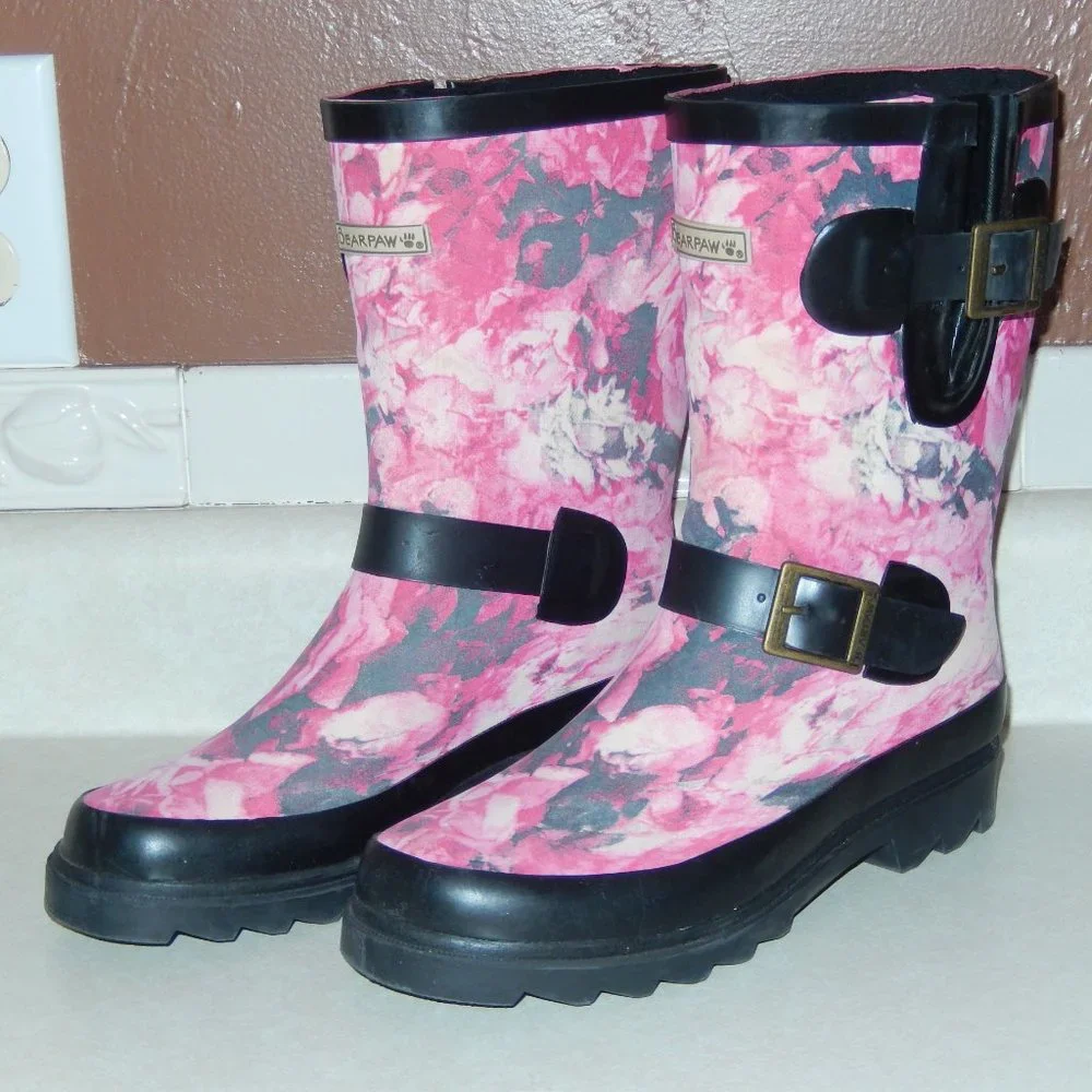 BearPaw Rain Boots Charlie Pink Gray Black Rubber Pull On Strap Buckle 6